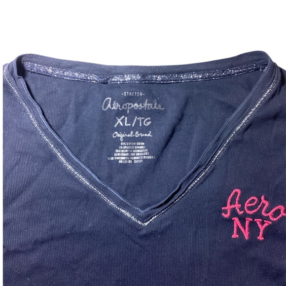 Aeropostale Dark Blue V-Neck Top with Pink Logo - Picture 2 of 9